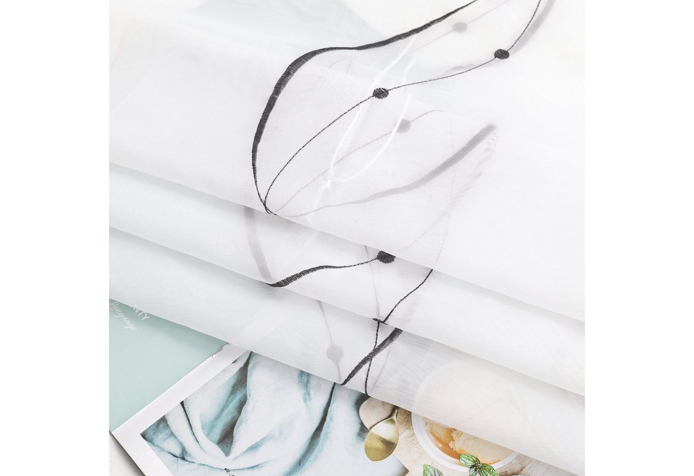 Joyswahl Raffrollo halbtransparent, Voile Raffgardine bestickt mit Wellenmuster, mit Schlaufen, Gardinenstange, modern elegant minimalistisch, modern elegant minimalistisch für Küche Wohnzimmer Schlafzimmer