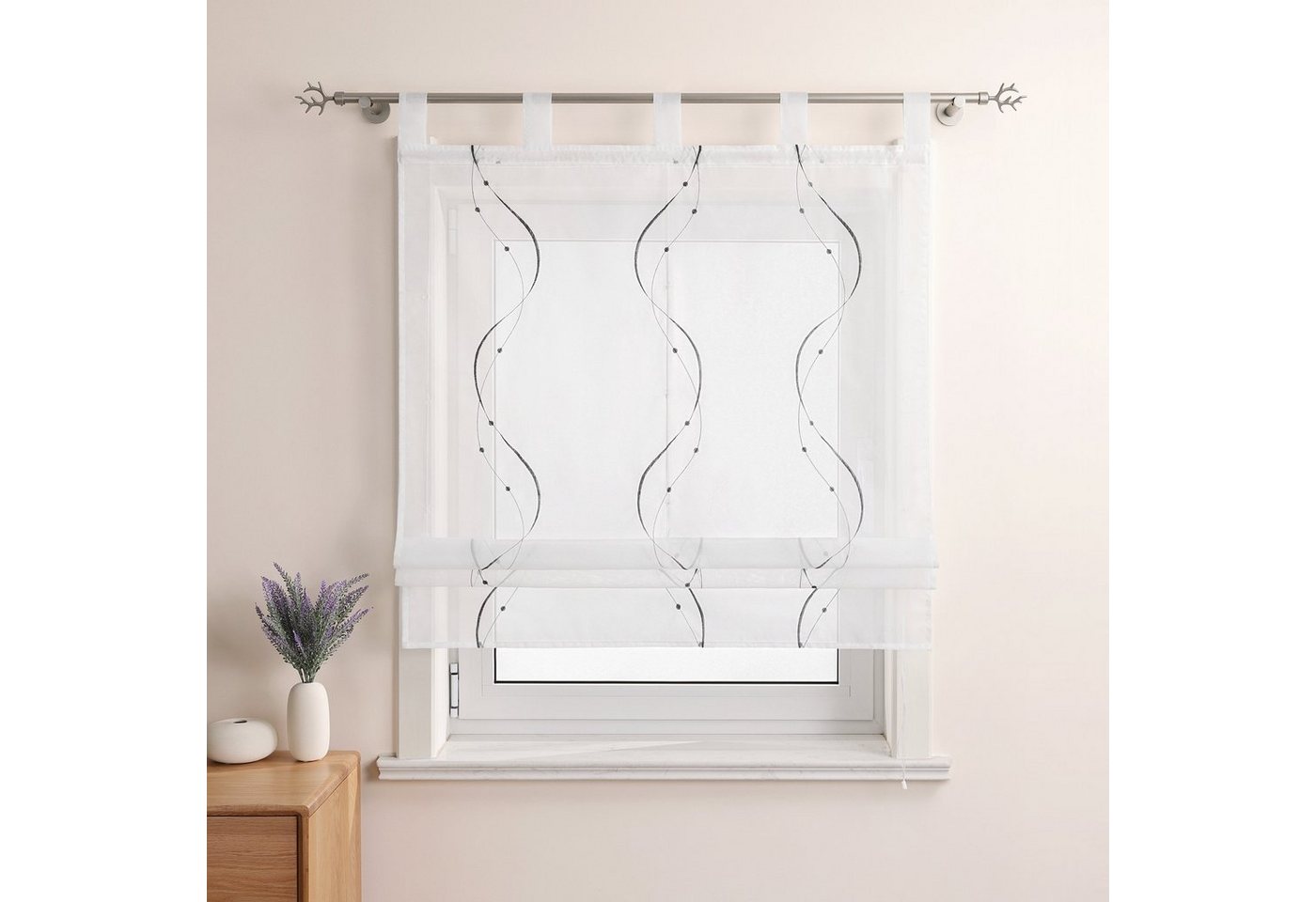 Joyswahl Raffrollo halbtransparent, Voile Raffgardine bestickt mit Wellenmuster, mit Schlaufen, Gardinenstange, modern elegant minimalistisch, modern elegant minimalistisch für Küche Wohnzimmer Schlafzimmer Bild 2