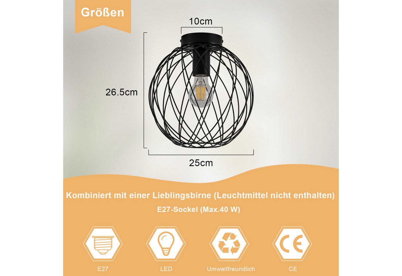 Nettlife Deckenleuchte 1 Flammig Deckenlampe Vintage E27 Flurlampe Schwarz Flur Küchenlampe, LED wechselbar, Flur Schlafzimmer Küche