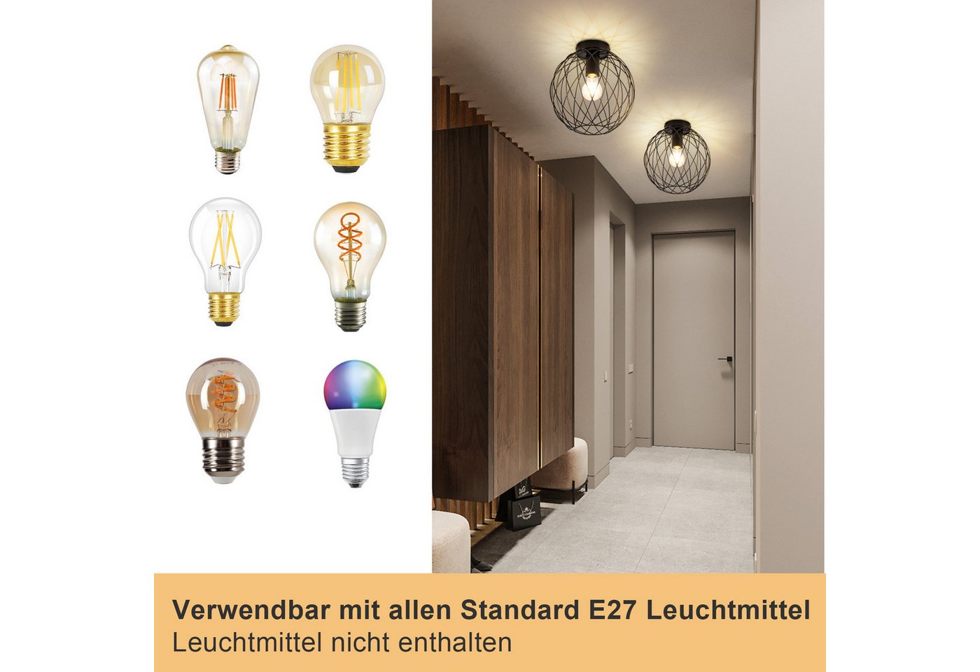 Nettlife Deckenleuchte 1 Flammig Deckenlampe Vintage E27 Flurlampe Schwarz Flur Küchenlampe, LED wechselbar, Flur Schlafzimmer Küche Bild 3