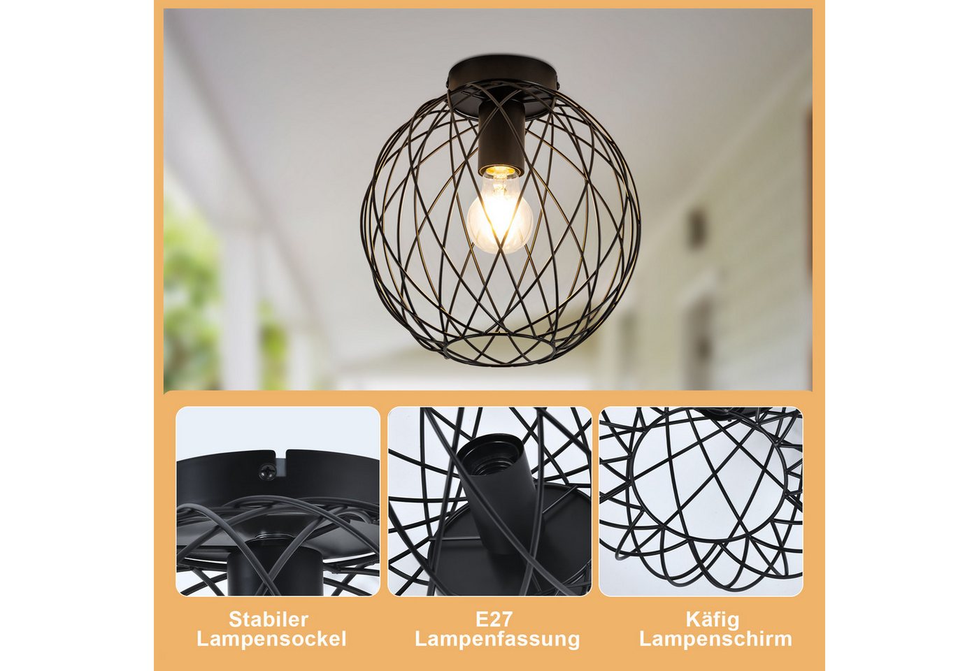 Nettlife Deckenleuchte 1 Flammig Deckenlampe Vintage E27 Flurlampe Schwarz Flur Küchenlampe, LED wechselbar, Flur Schlafzimmer Küche Bild 4