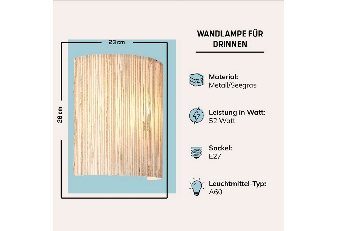 Lightbox Wandleuchte, ohne Leuchtmittel, Wandspot mit Seegras Schirm, 26 x 23 cm, dimmbar, E27 max. 52W Bild 2