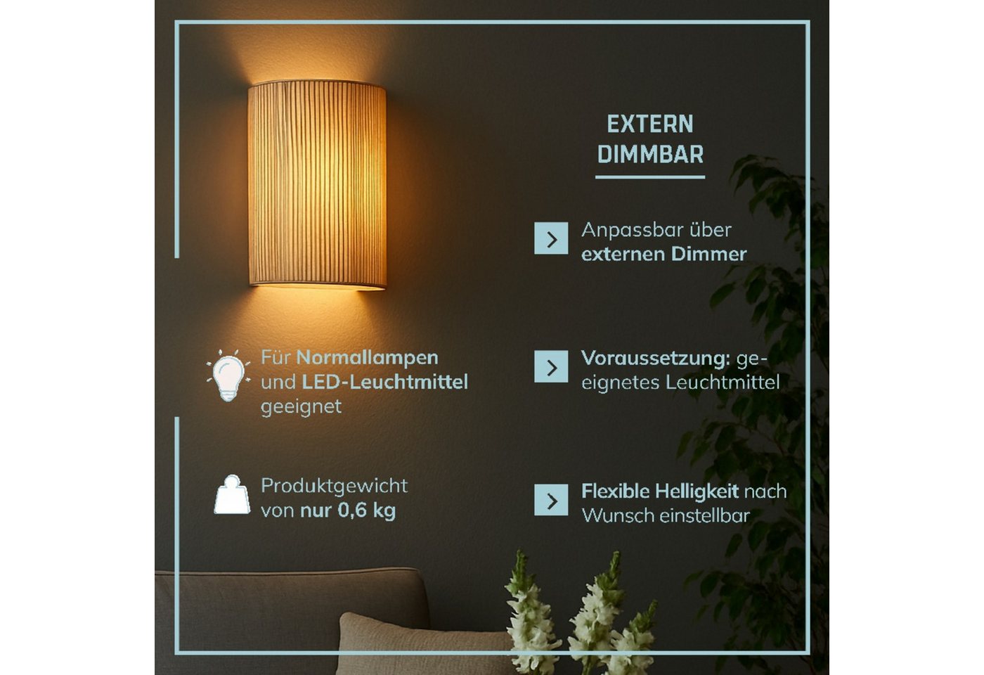 Lightbox Wandleuchte, ohne Leuchtmittel, Wandspot mit Seegras Schirm, 26 x 23 cm, dimmbar, E27 max. 52W Bild 4