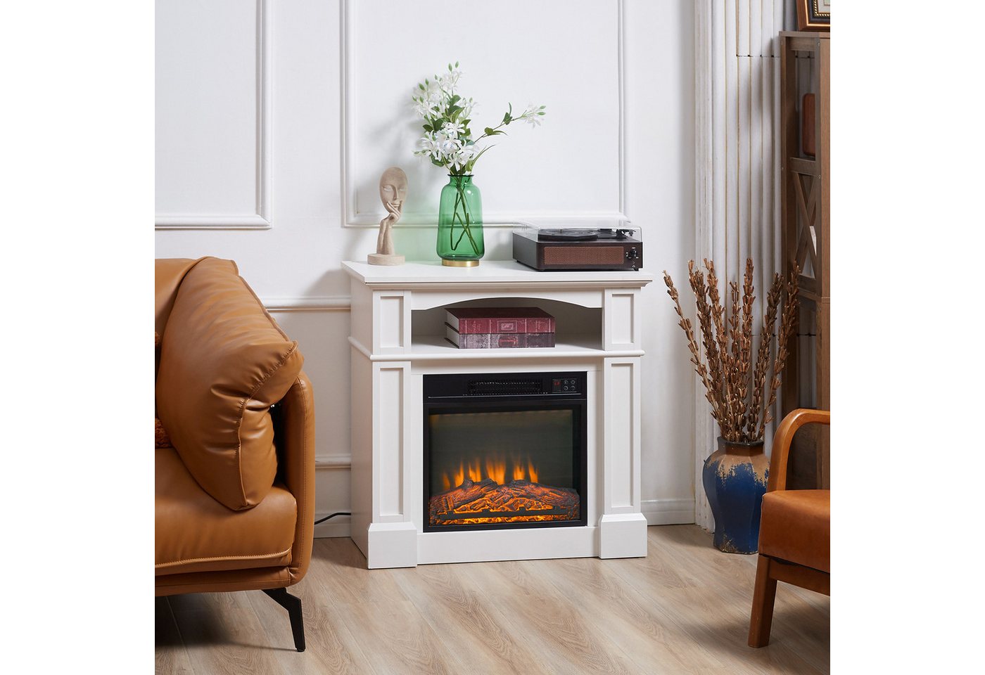 HOMCOM Elektrokamin mit Heizung, 3D LED-Flammeneffekt, Regal, 1800 W, für Wohnzimmer, Schlafzimmer, Weiß
