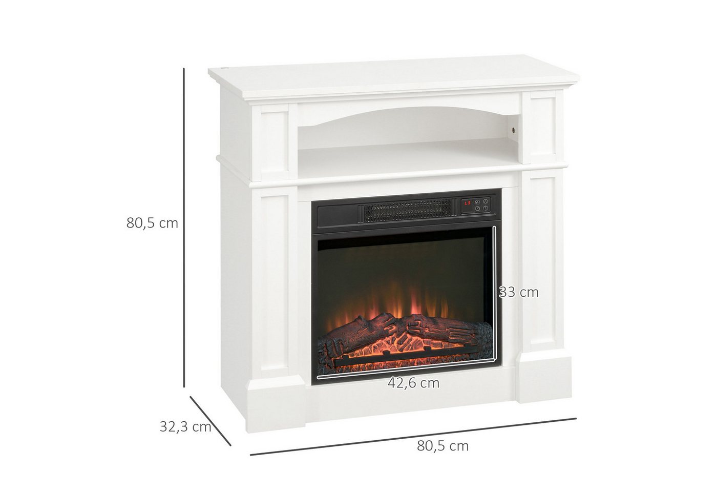 HOMCOM Elektrokamin mit Heizung, 3D LED-Flammeneffekt, Regal, 1800 W, für Wohnzimmer, Schlafzimmer, Weiß Bild 2