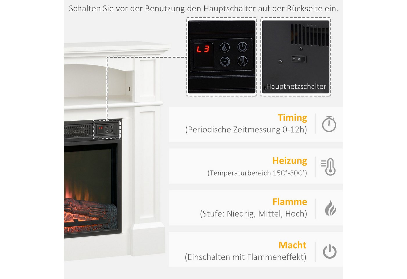 HOMCOM Elektrokamin mit Heizung, 3D LED-Flammeneffekt, Regal, 1800 W, für Wohnzimmer, Schlafzimmer, Weiß Bild 3