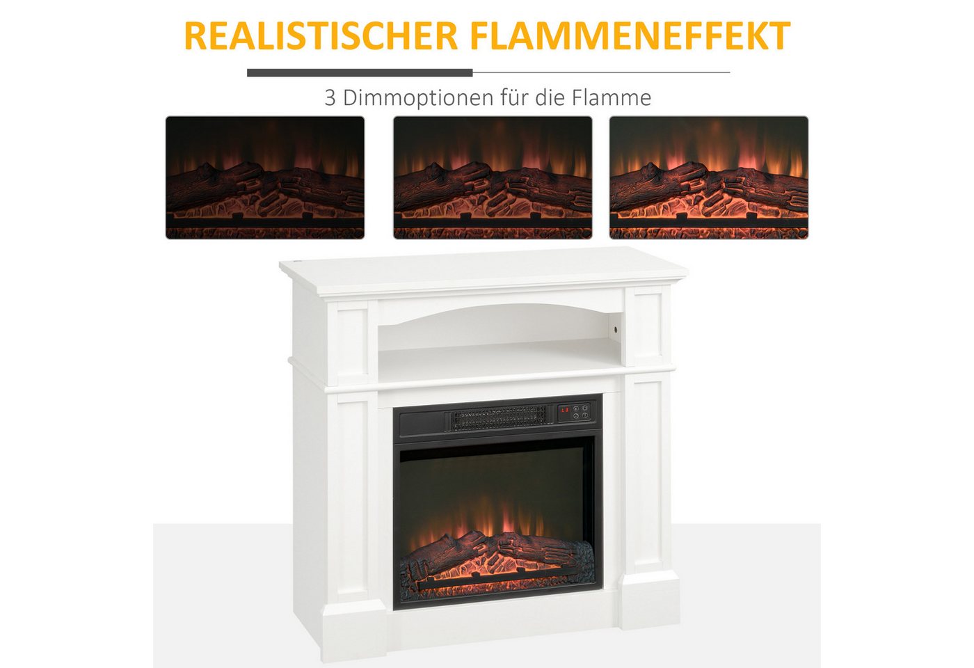 HOMCOM Elektrokamin mit Heizung, 3D LED-Flammeneffekt, Regal, 1800 W, für Wohnzimmer, Schlafzimmer, Weiß Bild 5