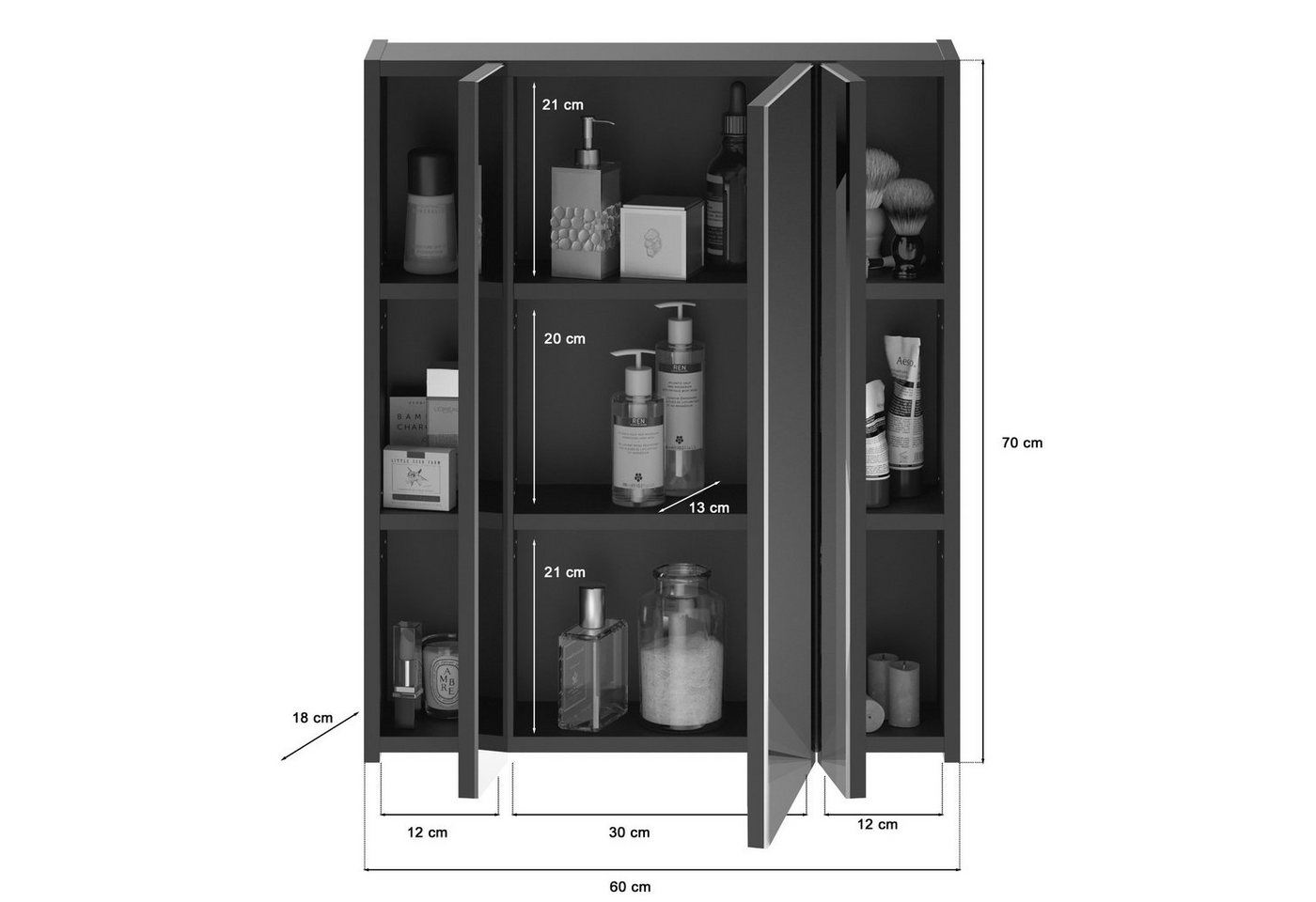 Newroom Spiegelschrank Schwarz Hochglanz 60 cm Spiegelschrank mit Beleuchtung Schwarz Hochglanz Spiegelglas Modern Bild 5