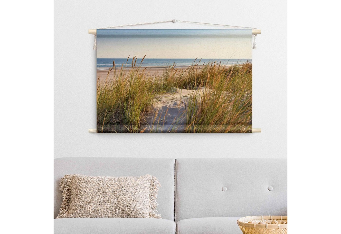 Bilderdepot24 Wandteppich modern Strand Natur beige, rechteckig, Höhe: 2.6 mm, großes Wandbild aus Natur-Baumwolle Wandbehang Stoffbild Tuch Wollseil