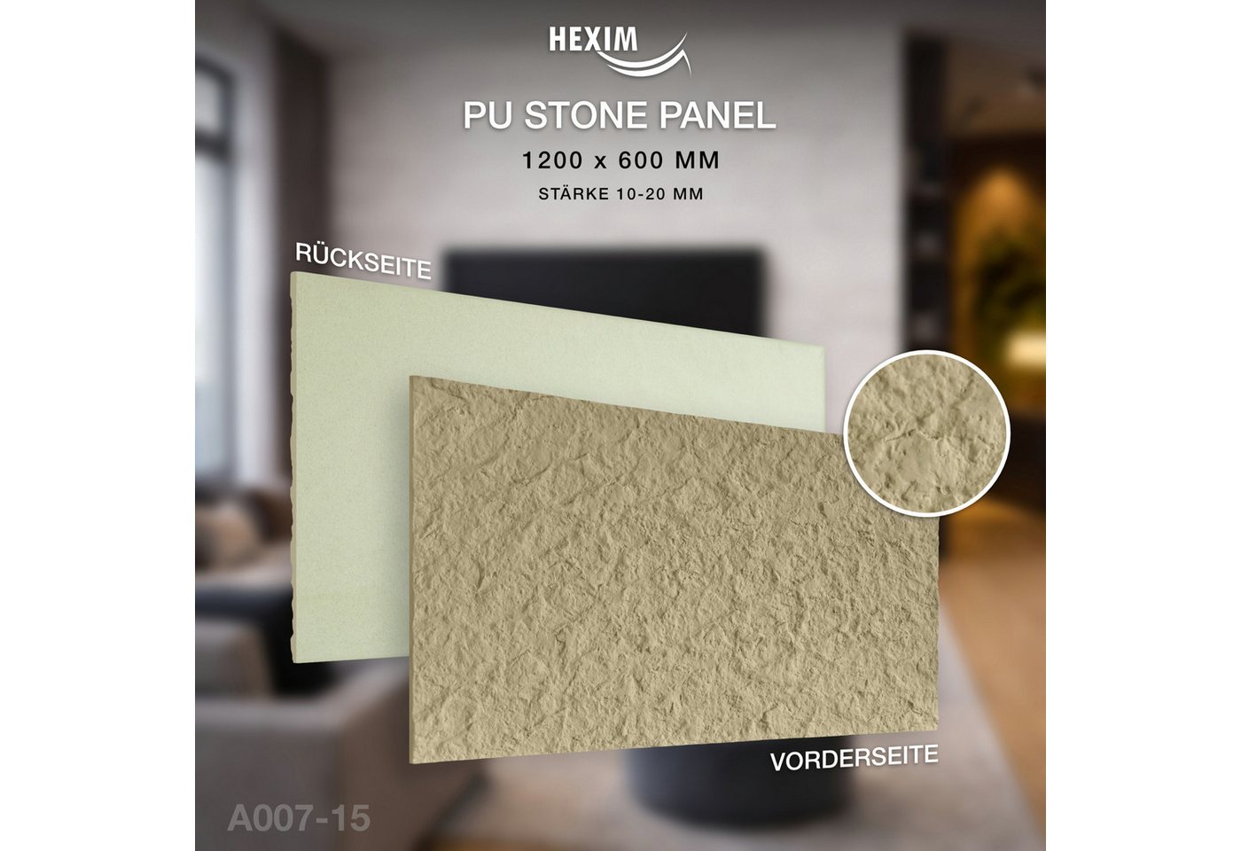 Hexim 3D Wandpaneel, BxL: 6x12 cm, (Steinoptik 4 Stück 120x60cm – Felswand PU Wandverkleidung, Täuschend echte Bruchstein 3D Paneele für Wohnzimmer – 2cm starke Stone Steinplatte (2,88m² Beige) Bild 3