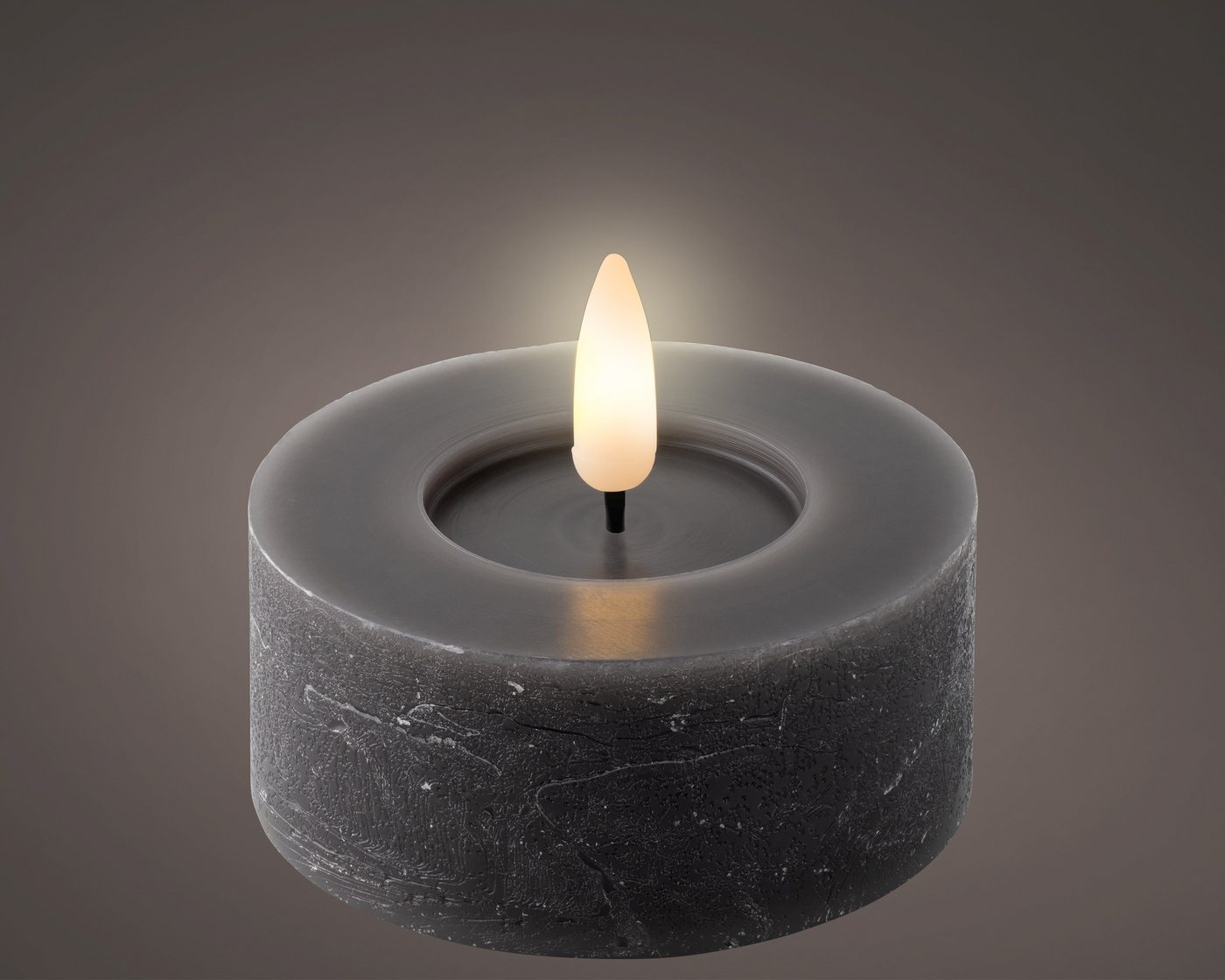 Lumineo LED-Kerze, Timer, warmweiß, LED Kerze 6x7cm mit Timer Wachs 2 Stück Rustik Grau / Warmweiß