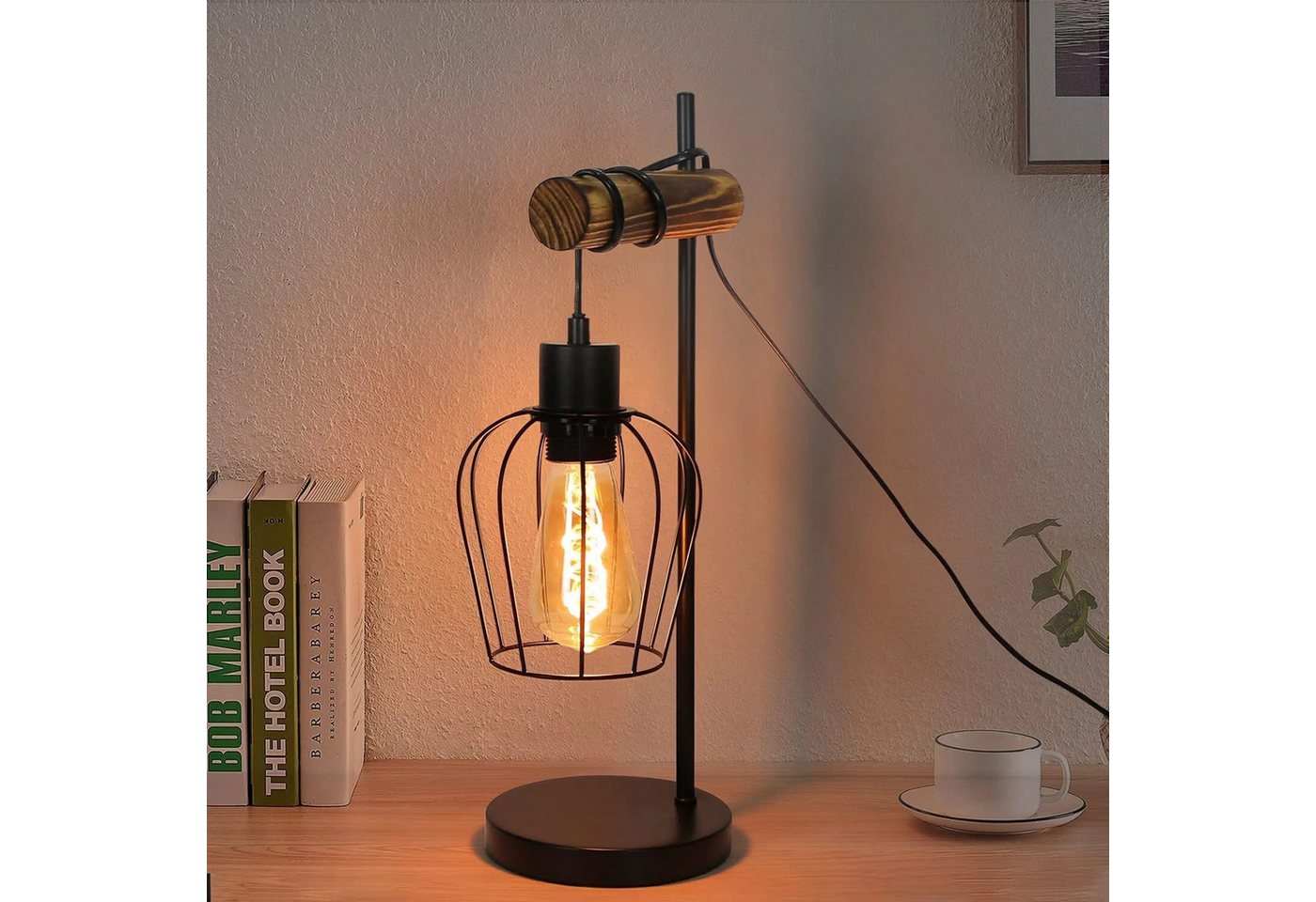 Nettlife Tischleuchte Vintage Industrie Metall Holz Schwarz E27 50cm Retro Nachttischleuchte, mit Kippschalter, ohne Leuchtmittel, LED wechselbar, Wohnzimmer Schlafzimmer Kinderzimmer Esszimmer