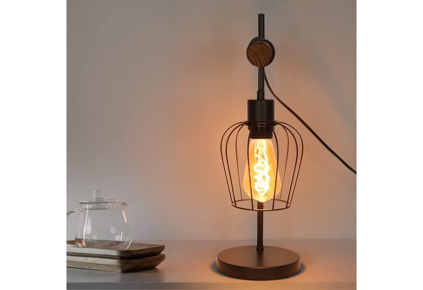 Nettlife Tischleuchte Vintage Industrie Metall Holz Schwarz E27 50cm Retro Nachttischleuchte, mit Kippschalter, ohne Leuchtmittel, LED wechselbar, Wohnzimmer Schlafzimmer Kinderzimmer Esszimmer Bild 2