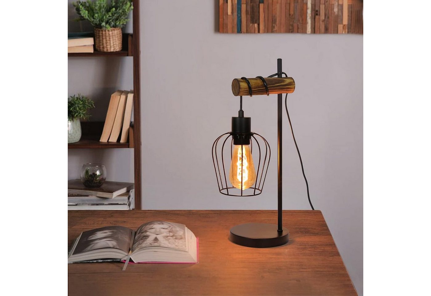 Nettlife Tischleuchte Vintage Industrie Metall Holz Schwarz E27 50cm Retro Nachttischleuchte, mit Kippschalter, ohne Leuchtmittel, LED wechselbar, Wohnzimmer Schlafzimmer Kinderzimmer Esszimmer Bild 4