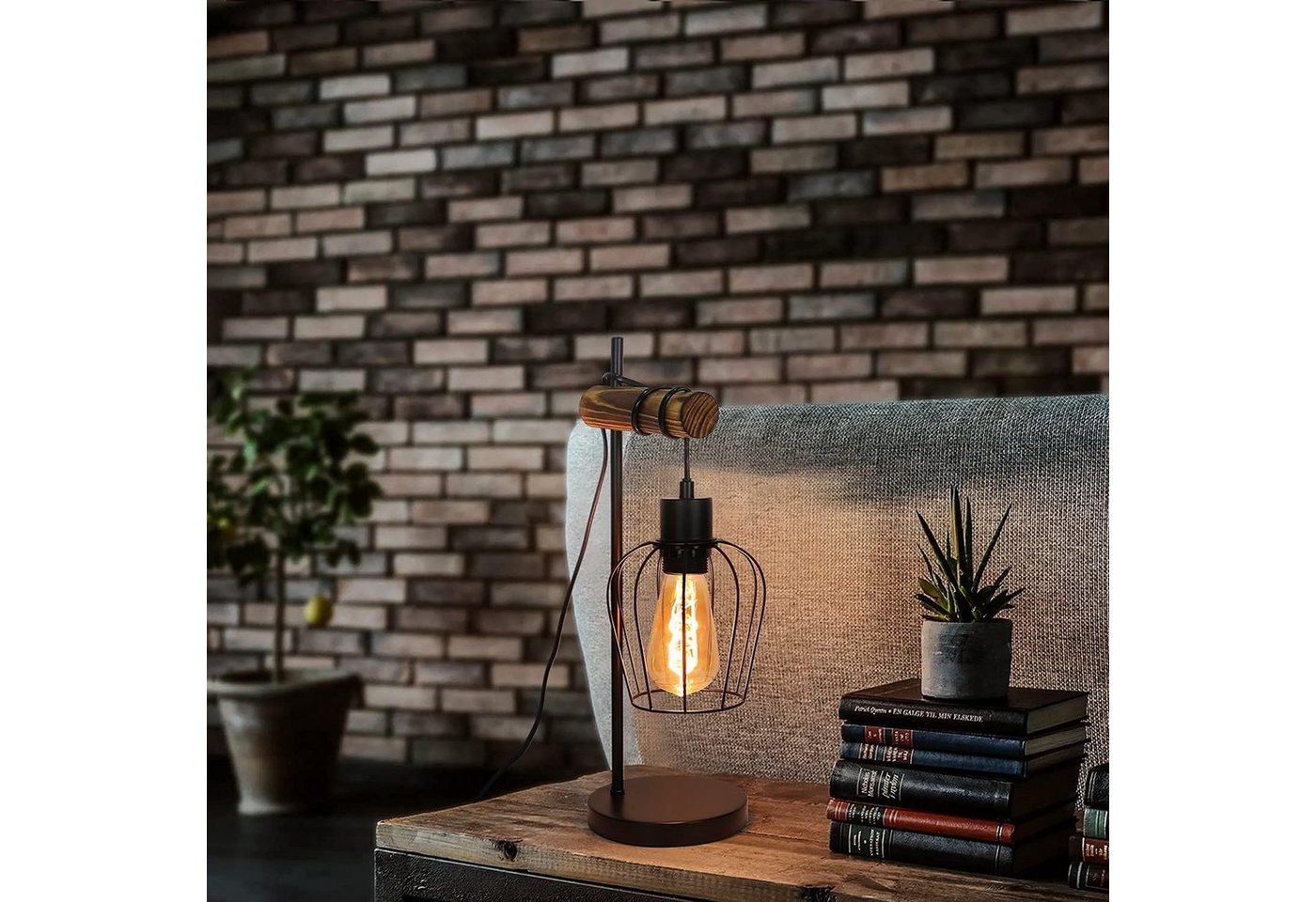 Nettlife Tischleuchte Vintage Industrie Metall Holz Schwarz E27 50cm Retro Nachttischleuchte, mit Kippschalter, ohne Leuchtmittel, LED wechselbar, Wohnzimmer Schlafzimmer Kinderzimmer Esszimmer Bild 5