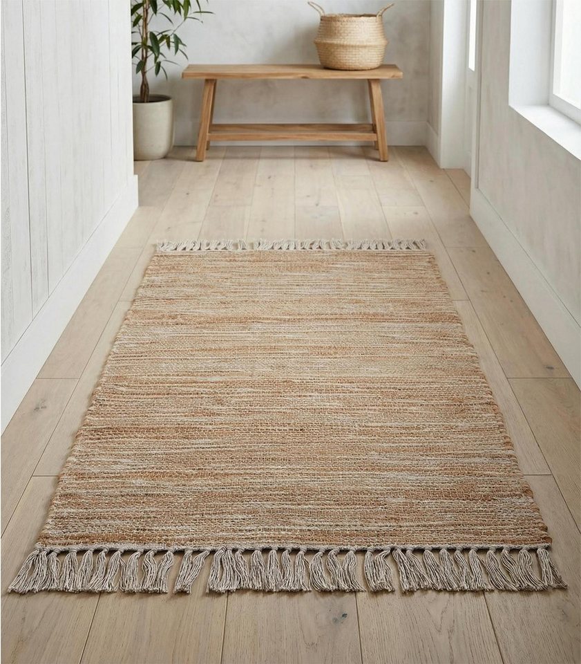 Home4You Teppich Handwebteppich, 60 x 90 cm, Beige, Weiß, Quasten, rechteckig, Handgewebt Bild 3