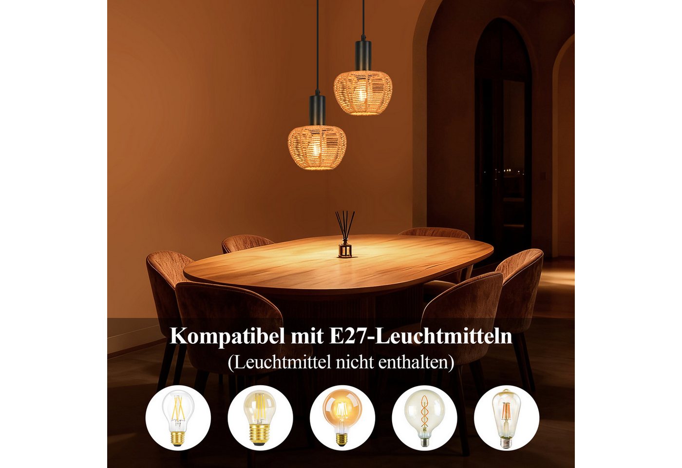 ZMH Pendelleuchte Esstisch, 1/3-flammig, Hängeleuchte mit geflochtenem Papierschirm, bis 120 cm höhenverstellbar, ohne Leuchtmittel, E27, Boho Vintage