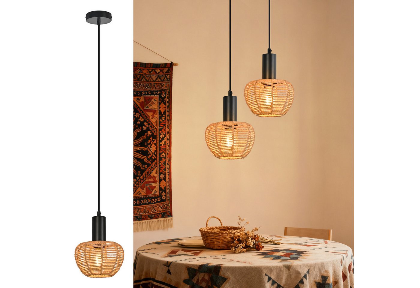 ZMH Pendelleuchte Esstisch, 1/3-flammig, Hängeleuchte mit geflochtenem Papierschirm, bis 120 cm höhenverstellbar, ohne Leuchtmittel, E27, Boho Vintage Bild 3