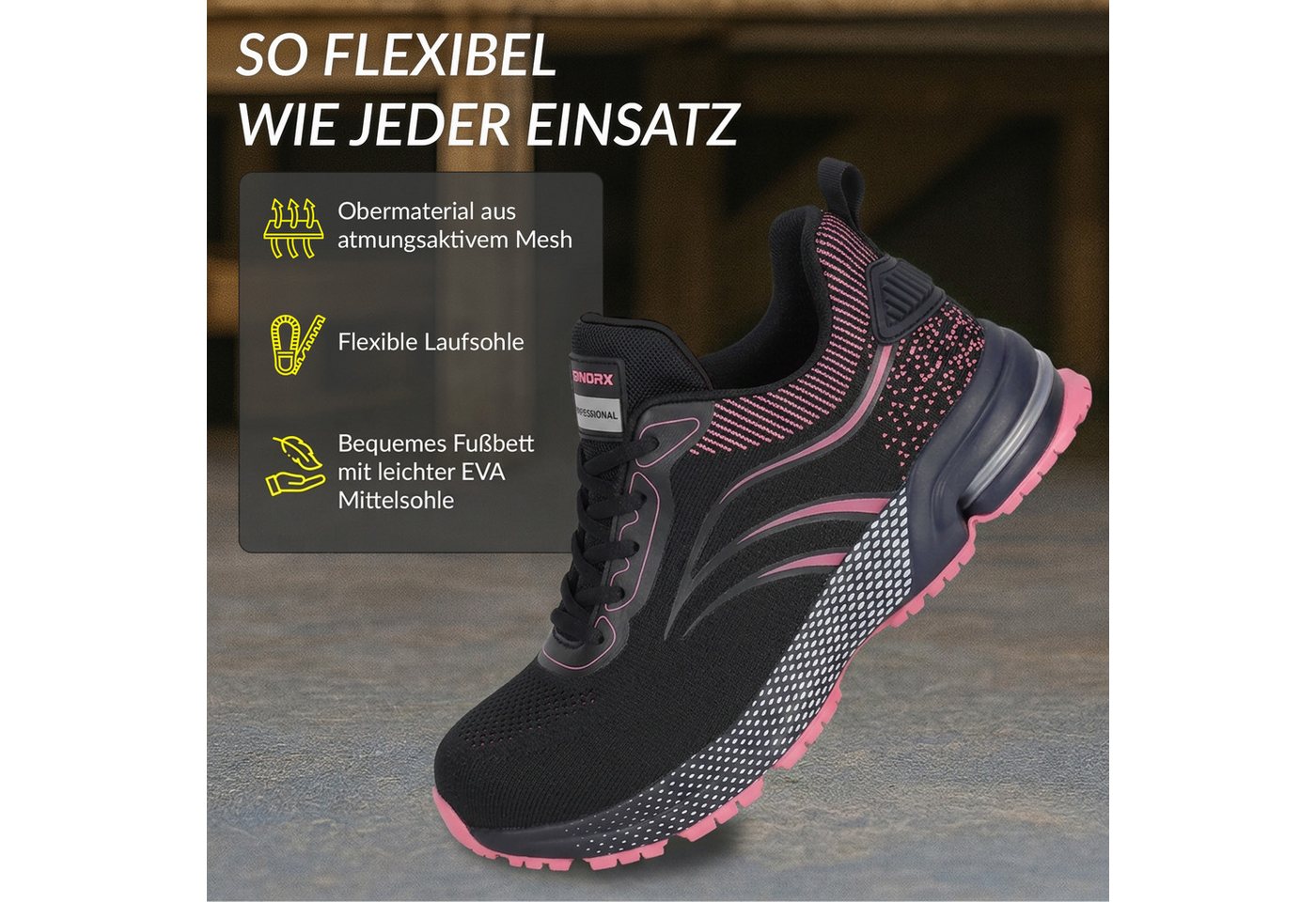 ELIWORX S1 PL Schuh mit Stahlkappe, Atmungsaktives Mesh - Arbeitsschuhe Damen Arbeitsschuh Durchtrittsichere Zwischensohle aus Kevlar, besonders rutschhemmend Bild 2
