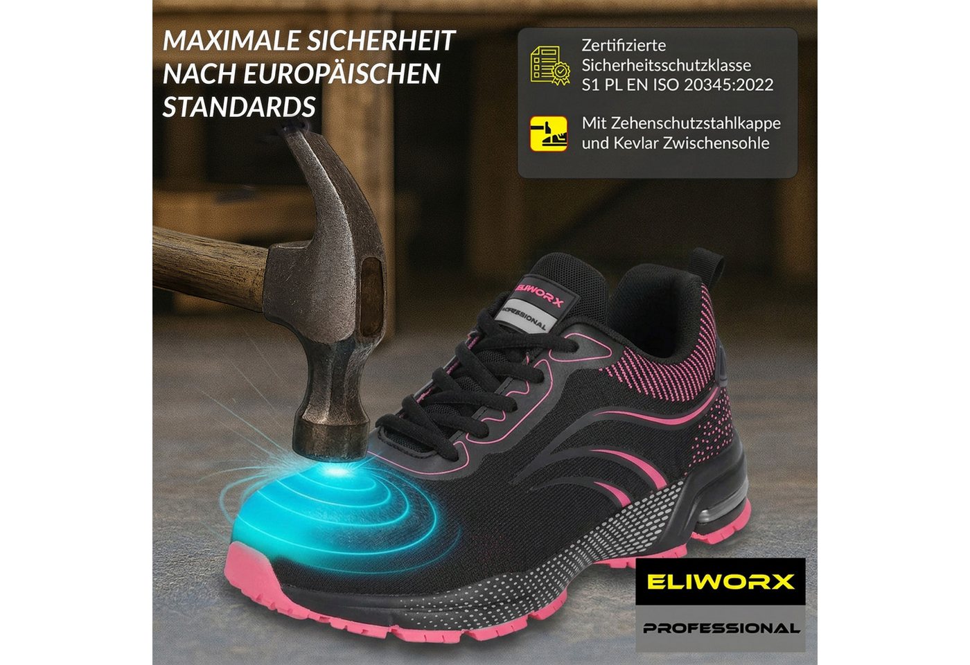 ELIWORX S1 PL Schuh mit Stahlkappe, Atmungsaktives Mesh - Arbeitsschuhe Damen Arbeitsschuh Durchtrittsichere Zwischensohle aus Kevlar, besonders rutschhemmend Bild 4