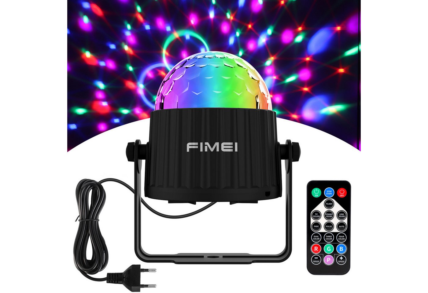 FIMEI LED Discolicht Discokugel 360° drehbar mit Fernbedienung, 15 Farben, musikgesteuert, LED fest integriert, 9W RGB, dynamische Effekte