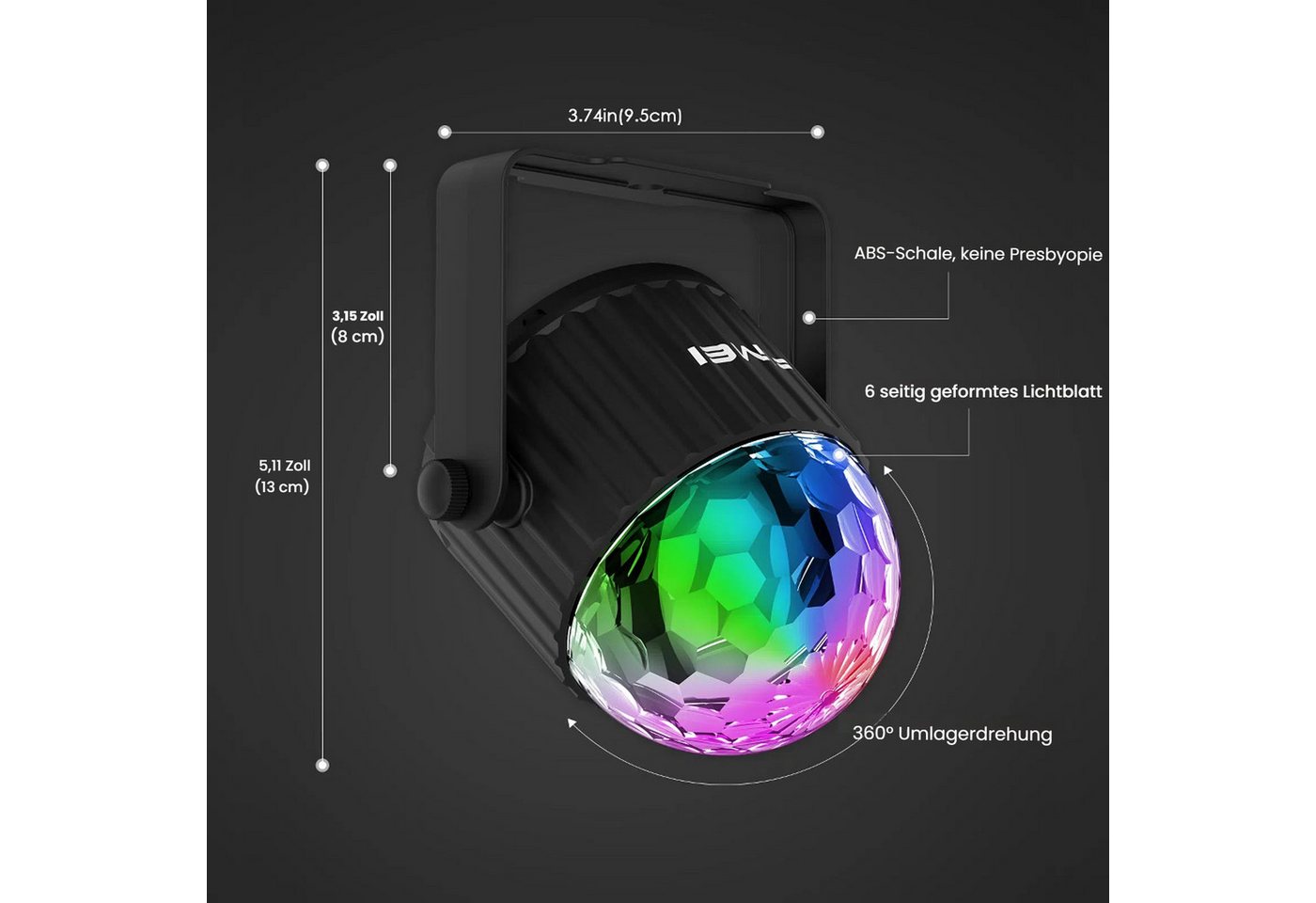FIMEI LED Discolicht Discokugel 360° drehbar mit Fernbedienung, 15 Farben, musikgesteuert, LED fest integriert, 9W RGB, dynamische Effekte Bild 3