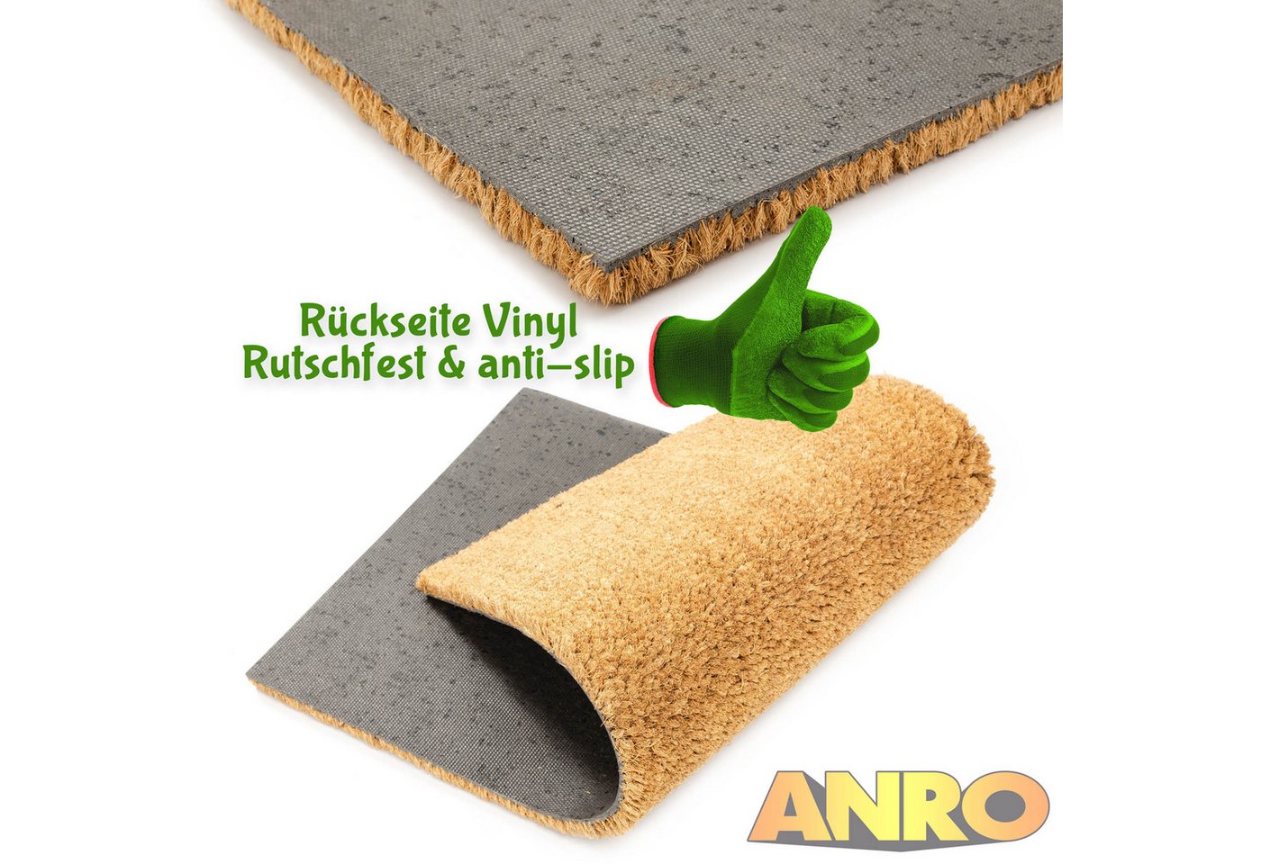 ANRO Bodenschutzmatte Kokos-Schmutzfangmatte Fußmatte rutschfest Naturfaser Vinyl Rückseite, 1x Kokosmatte, 1-St., 1Stück auf einer Rolle, Robust pflegeleicht 30x100cm Braun auch als Fußmatte