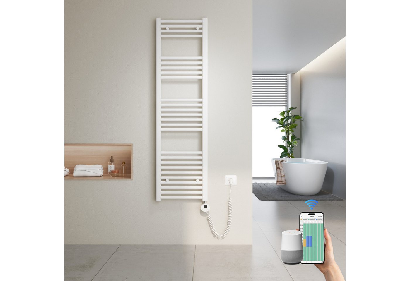 MEYKOERS Elektrischer Badheizkörper Handtuchheizkörper mit Smart WiFi Thermostat Heizstab, 500W/600W, Höhe: 140 cm, Intelligente Steuerung, 4 Modi und Smartes Heizen Bild 3