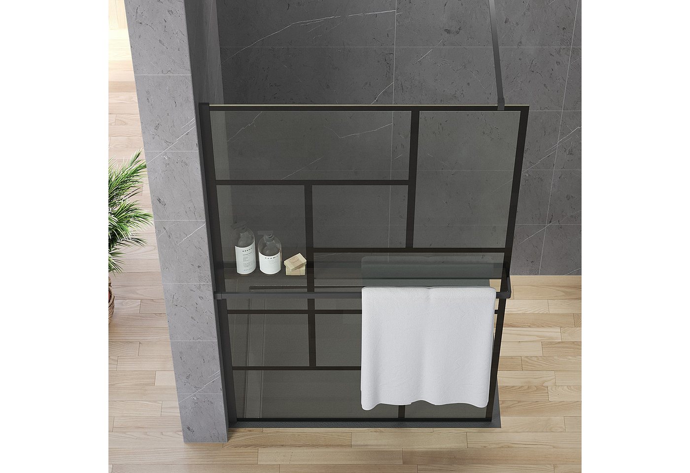 AQUALAVOS Walk-in-Dusche Duschabtrennung mit Handtuchhalter & Ablage Mattschwarz Dekor Kariert, 8mm Sicherheitsglas mit NANO Beschichtung, 100/120×200 cm links/rechts montierbar auf Duschwanne oder Boden