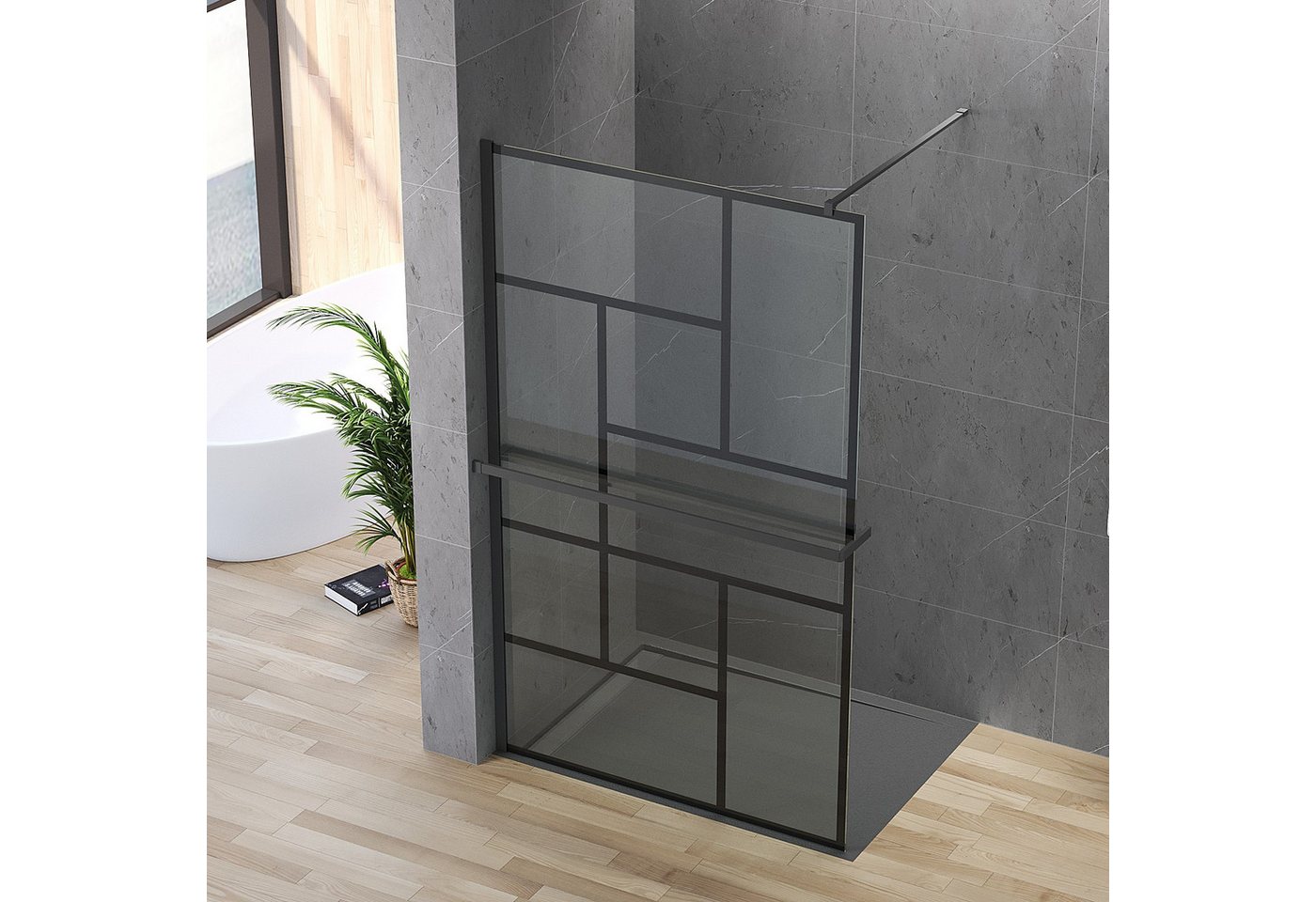 AQUALAVOS Walk-in-Dusche Duschabtrennung mit Handtuchhalter & Ablage Mattschwarz Dekor Kariert, 8mm Sicherheitsglas mit NANO Beschichtung, 100/120×200 cm links/rechts montierbar auf Duschwanne oder Boden Bild 2