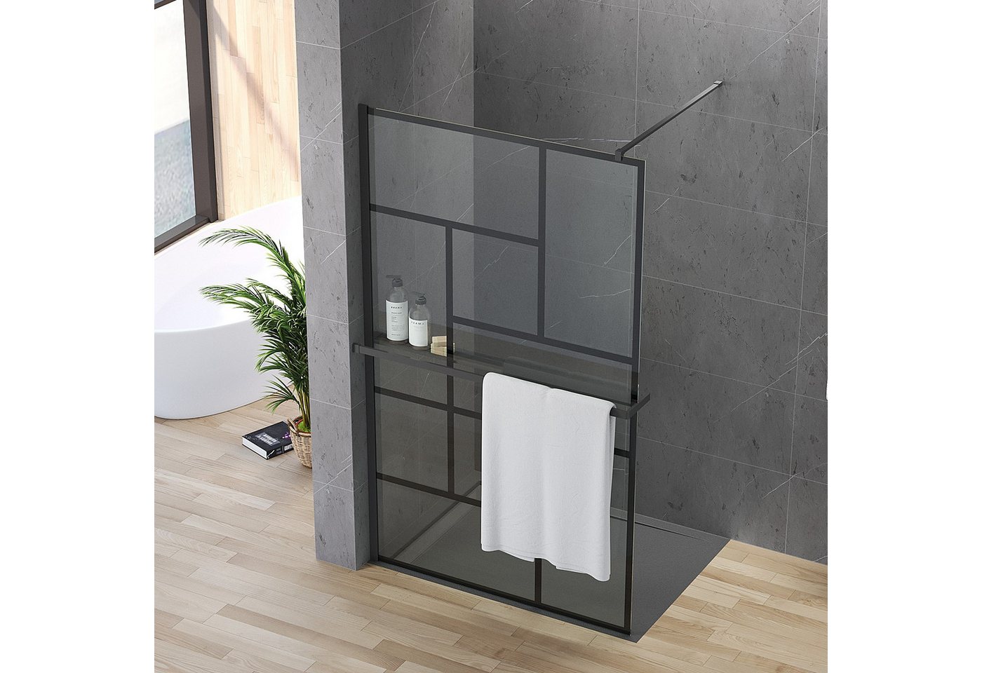 AQUALAVOS Walk-in-Dusche Duschabtrennung mit Handtuchhalter & Ablage Mattschwarz Dekor Kariert, 8mm Sicherheitsglas mit NANO Beschichtung, 100/120×200 cm links/rechts montierbar auf Duschwanne oder Boden Bild 5