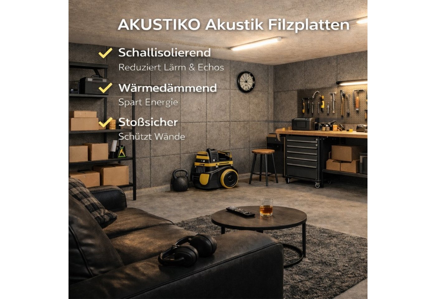 AKUSTIKO Schallschutzpaneel, BxL: 60x120 cm, (Selbstklebend 120x60cm - 20 Stück Graphit Akustik Wandpaneele Schallschutz & Raumakustik Panels Filz 9mm Hexim Decken- & Wandverkleidung Innenwand Struktur 14.4m)