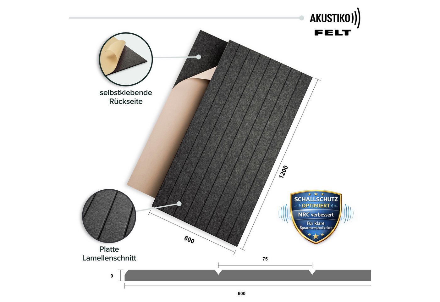 AKUSTIKO Schallschutzpaneel, BxL: 60x120 cm, (Selbstklebend 120x60cm - 20 Stück Graphit Akustik Wandpaneele Schallschutz & Raumakustik Panels Filz 9mm Hexim Decken- & Wandverkleidung Innenwand Struktur 14.4m) Bild 4