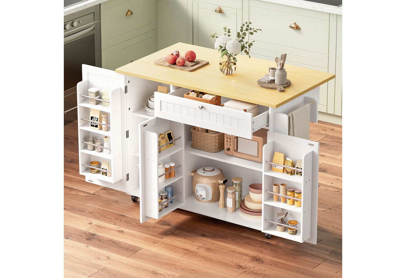 Flieks Küchenwagen Kücheninsel mit klappbarer Arbeitsplatte in Holzoptik und Rollen, (1 St), Küchenschrank Servierwagen mit Schubladen und Türablagen Weiß Bild 2