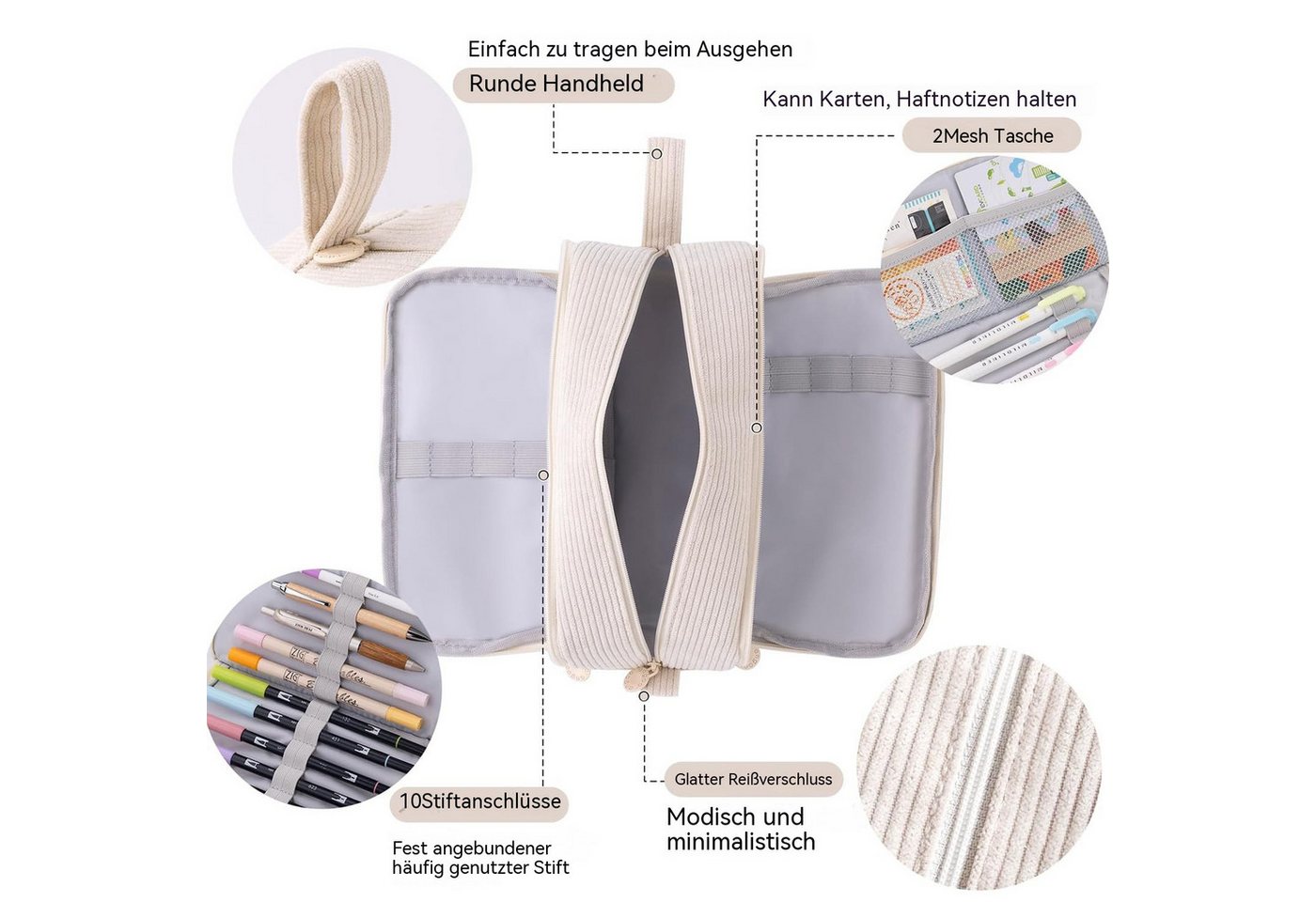 nsihing Federmäppchen Federmäppchen aus Cord-Stoff Federtaschen Mäppchen mit 3 Fächer, Schulmäppchen Große Kapazität Stiftetasche Pencil Case für Schule&Büro Bild 4