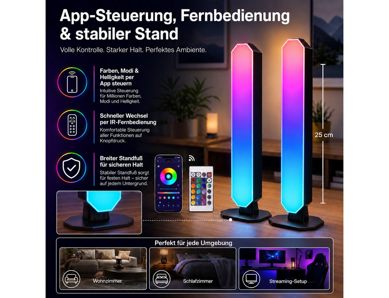 pedete LED Stripe LED RGB Lightbar mit App und Fernsteuerung, Musik Sync, Timer, Smart LED-Streifen USB Betrieben Ambient Lightbars 25cm Bild 4