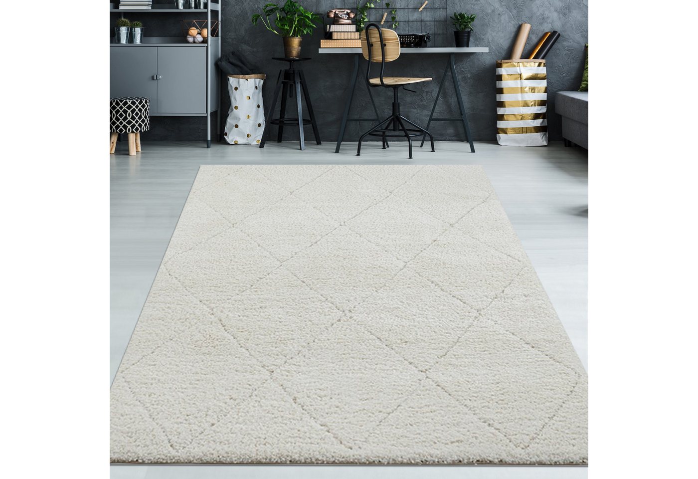 TeppichHome24 Teppich Hochflor Teppich creme mit Rautenmuster modern weich, rechteckig