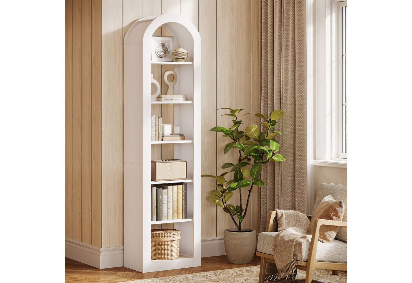 Tribesigns Bücherregal 190 cm Hoch, 6-stöckiges Schmales Regal Mit Bogendesign, Warmweiß