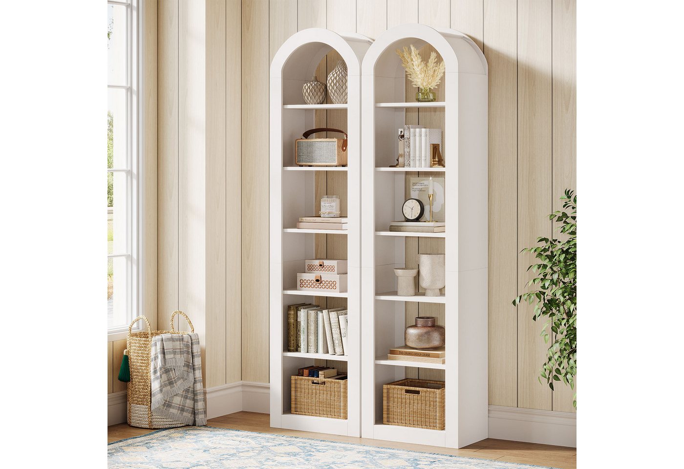 Tribesigns Bücherregal 190 cm Hoch, 6-stöckiges Schmales Regal Mit Bogendesign, Warmweiß Bild 2