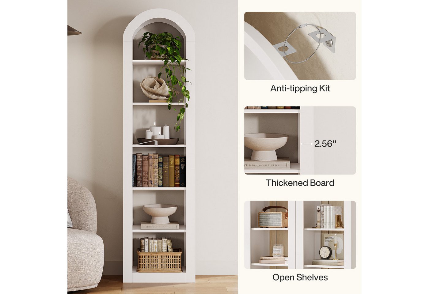 Tribesigns Bücherregal 190 cm Hoch, 6-stöckiges Schmales Regal Mit Bogendesign, Warmweiß Bild 3