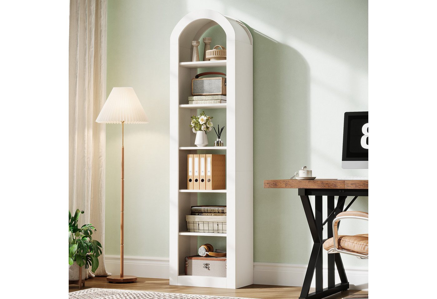 Tribesigns Bücherregal 190 cm Hoch, 6-stöckiges Schmales Regal Mit Bogendesign, Warmweiß Bild 4