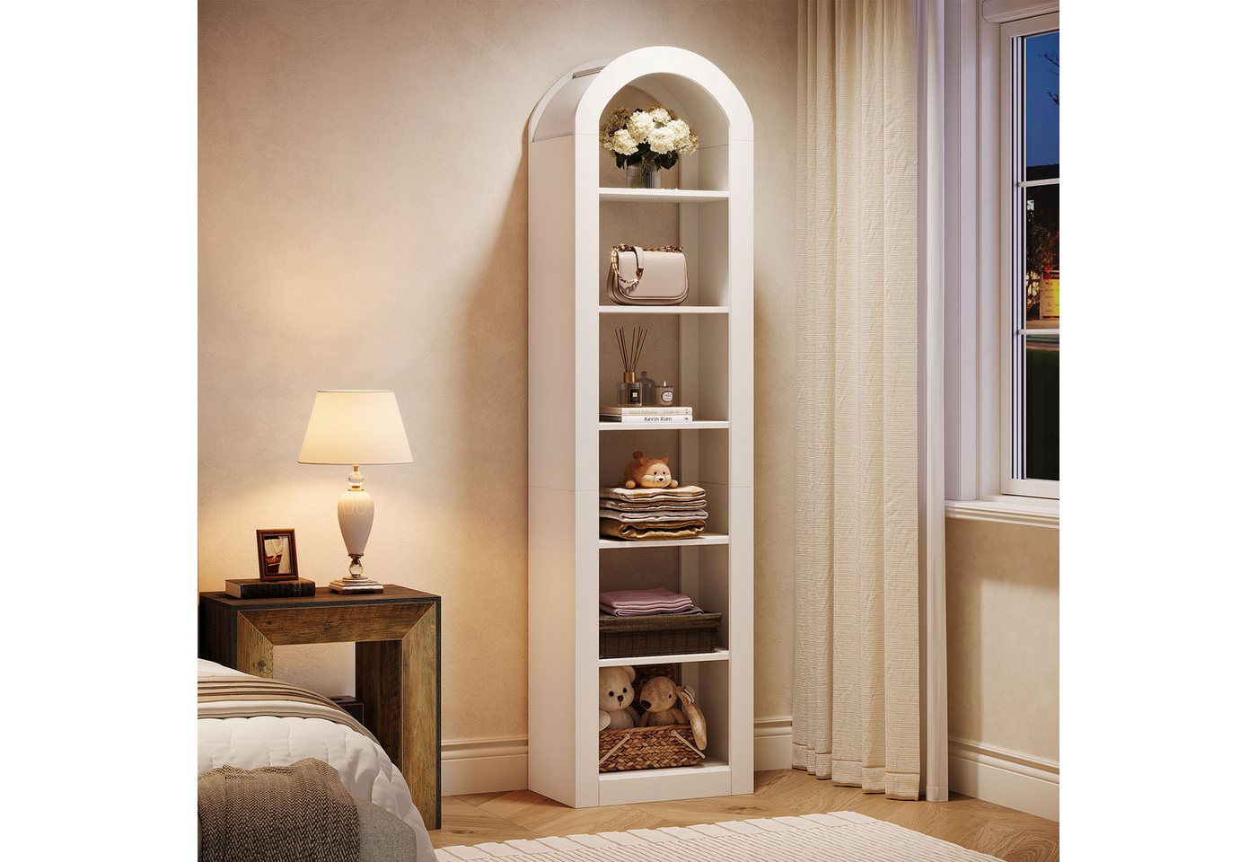 Tribesigns Bücherregal 190 cm Hoch, 6-stöckiges Schmales Regal Mit Bogendesign, Warmweiß Bild 5