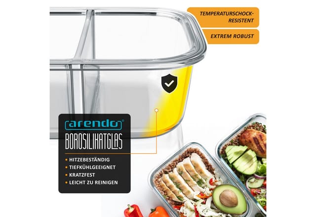 Arendo Frischhaltedose 2er Set Glas Vorratsdosen, 2 Fächer, weiß transparent, auslaufsicher, Borosilikatglas, (Set, 2-tlg., mit 2 Fächern), Mikrowellen, Ofen, Gefrier & spülmaschinengeeignet, Meal Prep, Bento