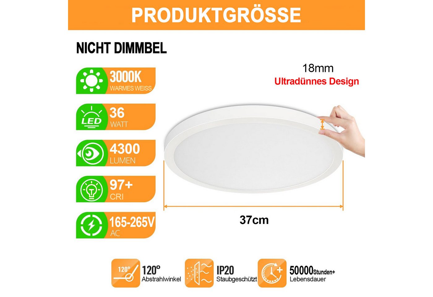 LMaxhome LED Deckenleuchte Modern Flach Rund Deckenlampe Ultra Dünn Ø37CM für Schlafzimmer, 3000K Warmweiß, LED fest integriert, 36W, Augenschutz, Energiesparen, 4300lm für Küche Flur Bild 3