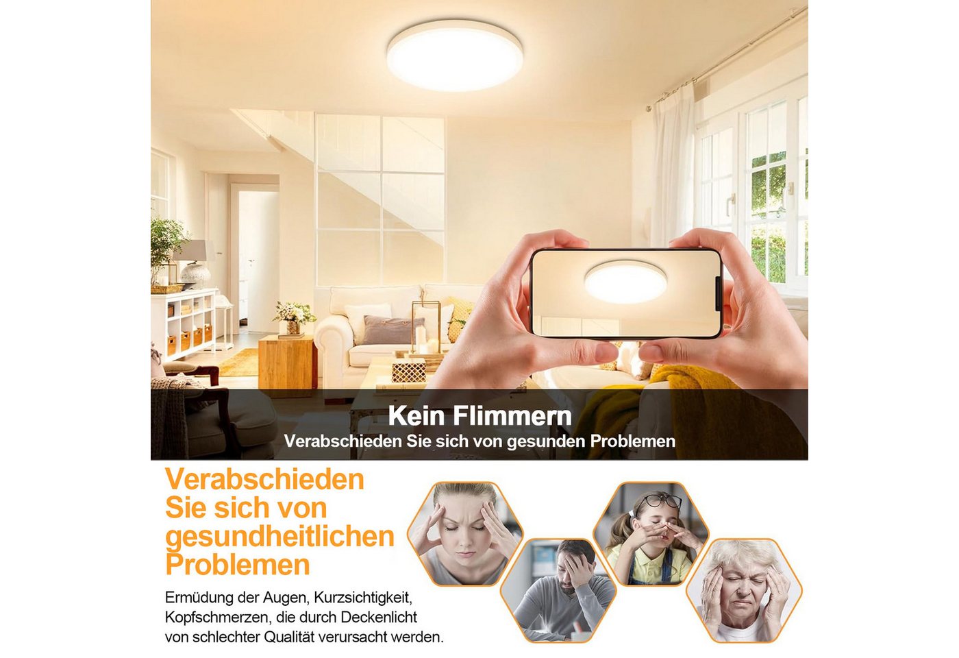 LMaxhome LED Deckenleuchte Modern Flach Rund Deckenlampe Ultra Dünn Ø37CM für Schlafzimmer, 3000K Warmweiß, LED fest integriert, 36W, Augenschutz, Energiesparen, 4300lm für Küche Flur Bild 4