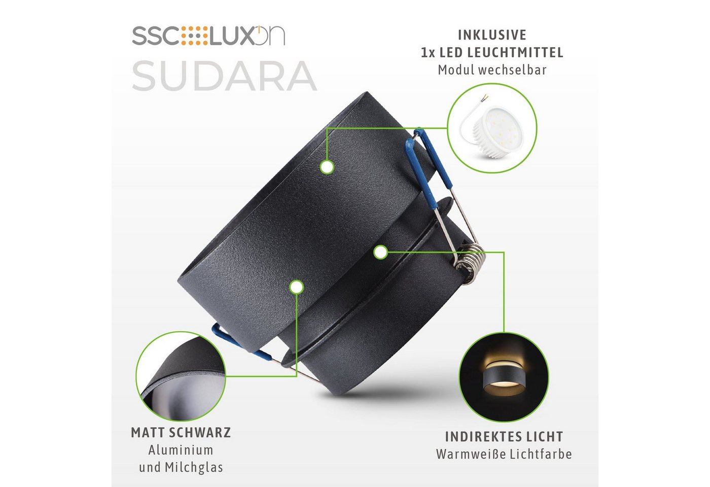 SSC-LUXon LED Einbaustrahler Sudara Einbauspot schwarz indirektes Licht LED Lampe 2W warmweiß, Warmweiß Bild 5