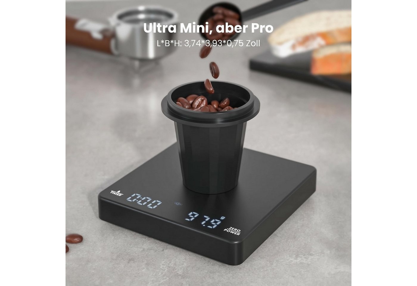 Maestri House Küchenwaage Mini Kaffeewaage, 0,1 g/2 kg, Timer für Espresso, USB-C, (1-tlg., Ultra-kompakte Mini Kaffeewaage für Espresso & Siebträger), Mini / Siebträger / Auto-Timer / USB-C / 800mAh