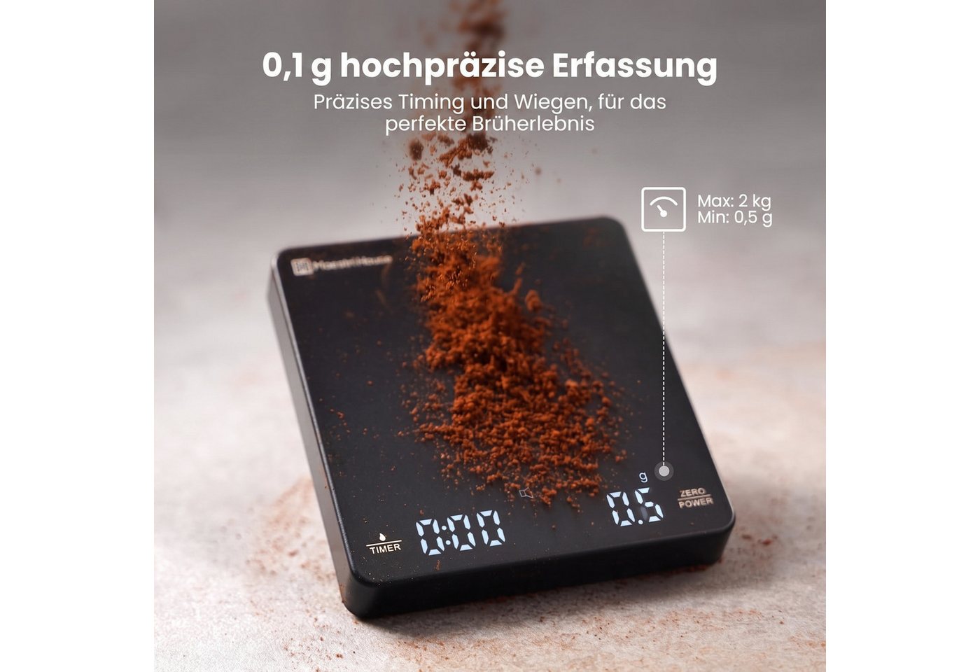 Maestri House Küchenwaage Mini Kaffeewaage, 0,1 g/2 kg, Timer für Espresso, USB-C, (1-tlg., Ultra-kompakte Mini Kaffeewaage für Espresso & Siebträger), Mini / Siebträger / Auto-Timer / USB-C / 800mAh Bild 3