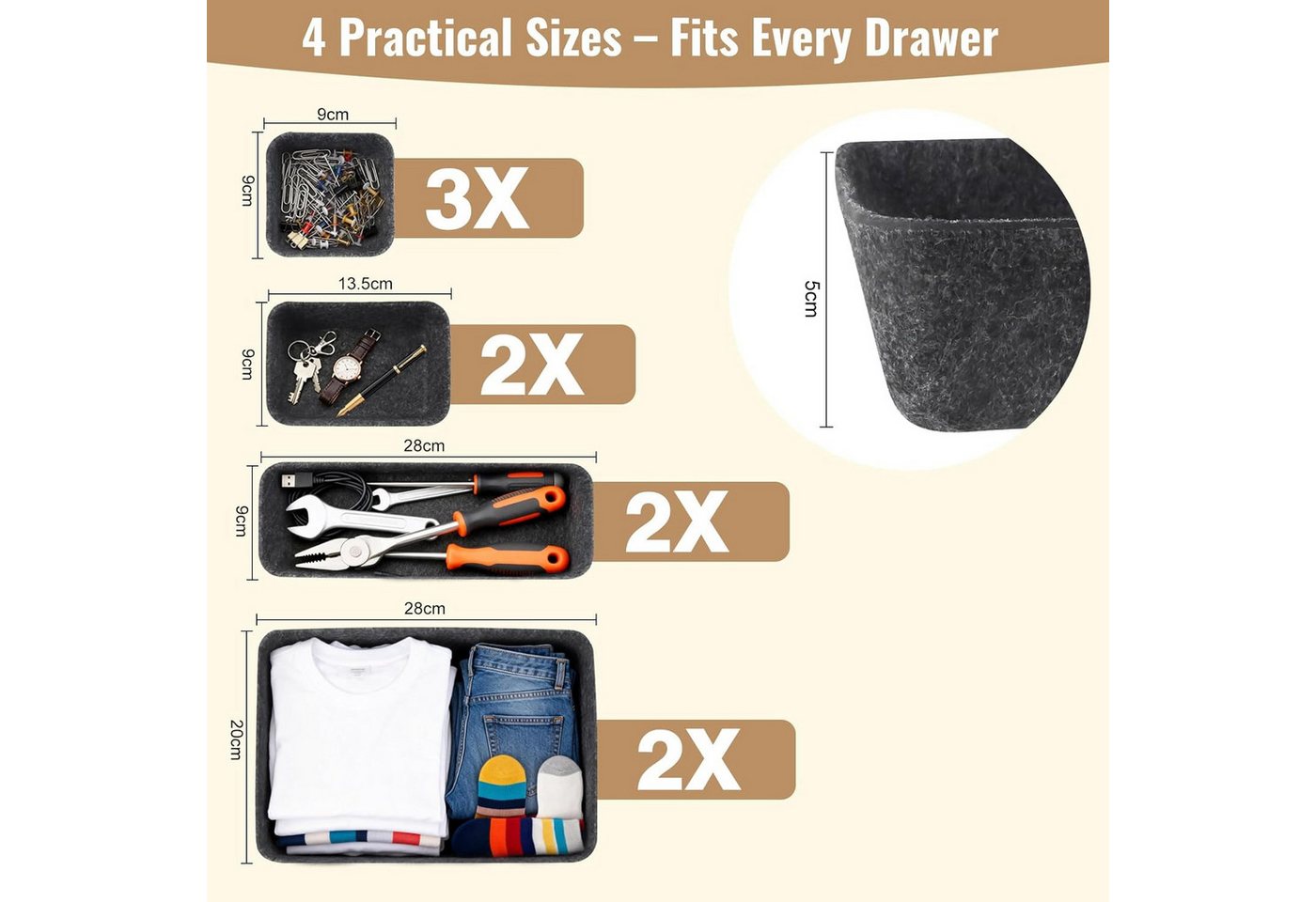 FELIXLEO Küchenorganizer-Set 8er Schubladen Organizer Set Filz 4 Größen Küche Büro Socken, (1-tlg)