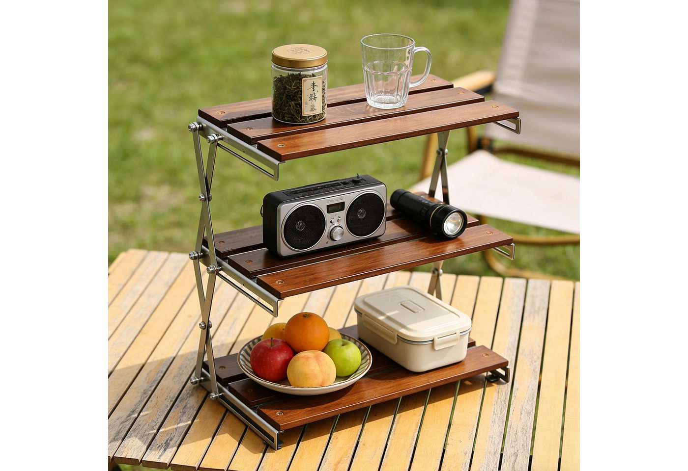 BlingBin Standregal Klappbares Camping Regal 3-stufiges Mehrzweckregal Schreibtischregal, 1 Stück 1-tlg., Schreibtisch Rack,Camping Regalorganisator Für Picknick BBQ Koche Bild 2